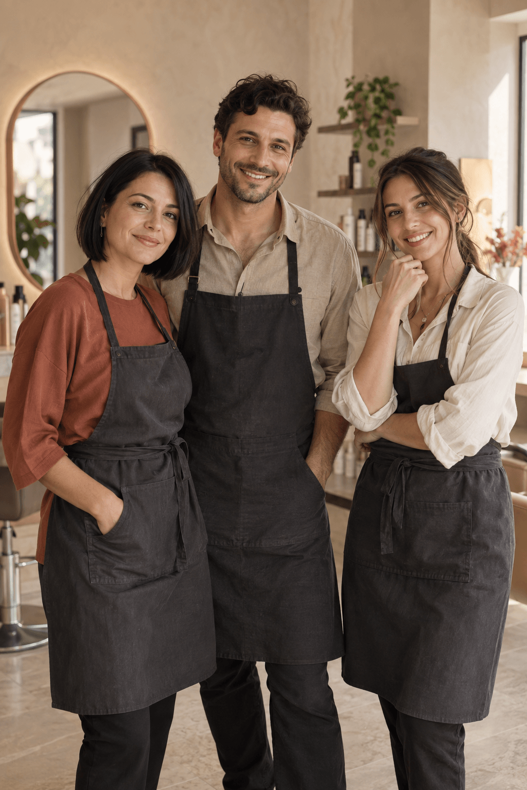 Three beauty professionals together in a warmly lit salon